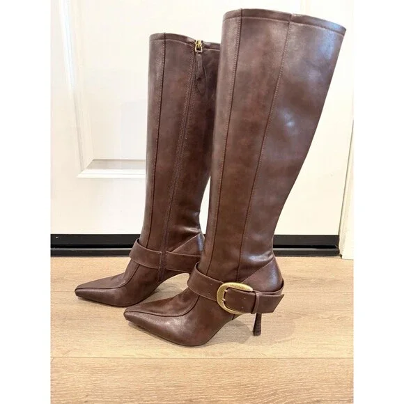 Zara Burgundy High-Heel Buckle Boots Pointed Toe Size US 9 EUR 40 Preowned - Picture 8 of 16